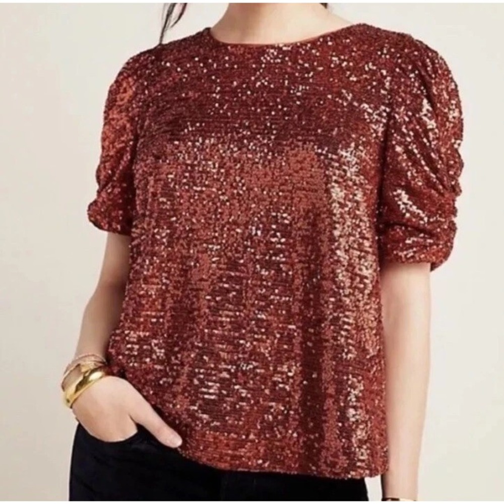 ANTHROPOLOGIE Womens Marie Sequined Blouse Puff Sleeve Top Party Cocktail - Sz 8